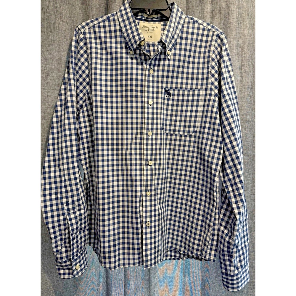 Abercrombie & Fitch Mens XXL Muscle Blue Moose Gingham Button Down Long Sleeve
